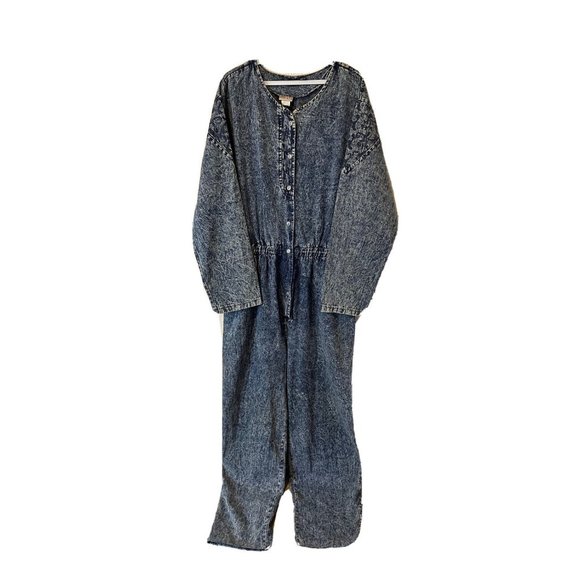 Vintage Tall Acid Washed Long Sleeve Drawstring Jean Jumpsuit USA - Picture 1 of 10
